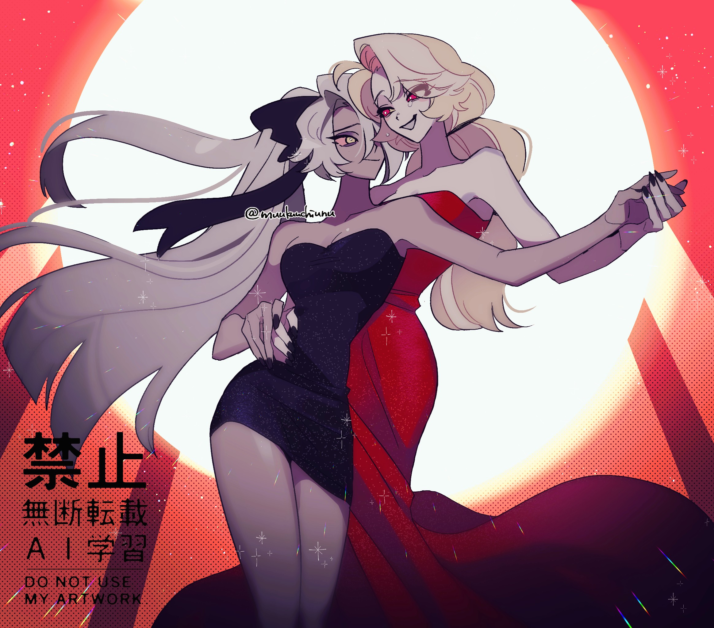 muukuuchiunu, charlie morningstar, vaggie, hazbin hotel, hellaverse, commentary request, highres, 2girls, arm around waist, bare legs, black bow, black dress, black nails, bow, colored sclera, colored skin, couple, dancing, dress, grey skin, hair bow, holding hands, long dress, long hair, multi-tied hair, multiple girls, pink sclera, ponytail, red eyes, short dress, smile, strapless, strapless dress, thighs, very long hair, white skin, yellow eyes, yellow sclera, yuri