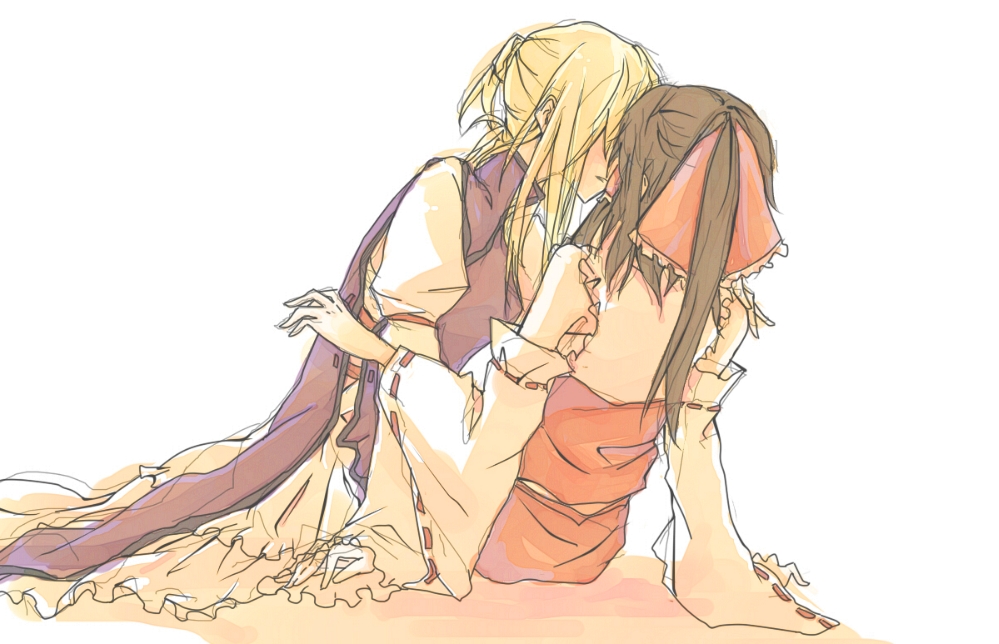 rekka, hakurei reimu, yakumo yukari, touhou, bad id, bad pixiv id, 2girls, blonde hair, brown hair, detached sleeves, dress, female focus, frills, from behind, japanese clothes, long hair, miko, multiple girls, ponytail, yuri