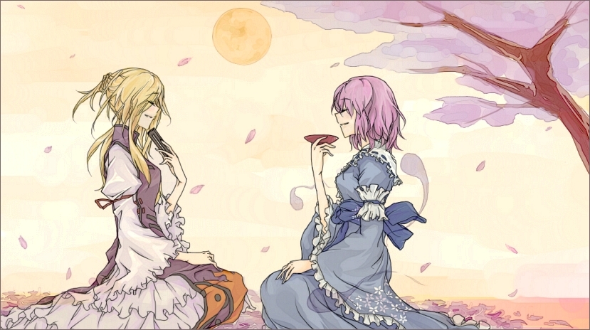 rekka, saigyouji yuyuko, yakumo yukari, touhou, bad id, bad pixiv id, 2girls, blonde hair, cherry blossoms, closed eyes, female focus, hitodama, japanese clothes, multiple girls, petals, pink hair, smile, sun, tree