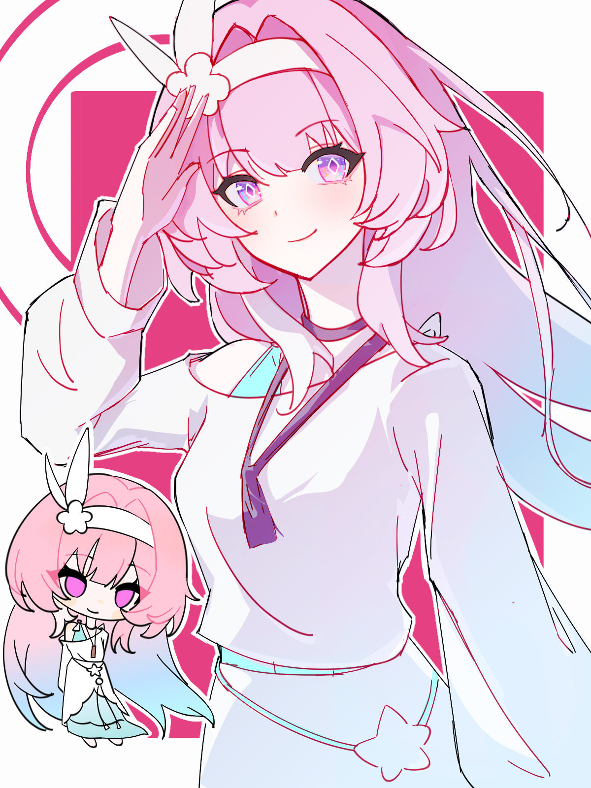 cyrene (honkai: star rail), cyrene (ripples of past reverie) (honkai: star rail), honkai: star rail, honkai (series), chinese commentary, commentary request, highres, 1girl, alternate costume, aqua hair, breasts, chibi, chibi only, diamond-shaped pupils, diamond (shape), gradient hair, hairband, large breasts, long hair, looking at viewer, multicolored hair, pink hair, purple eyes, shirt, shouhai zhe 1 hao, skirt, smile, symbol-shaped pupils, two-tone hair, very long hair, white hairband, white shirt, white skirt