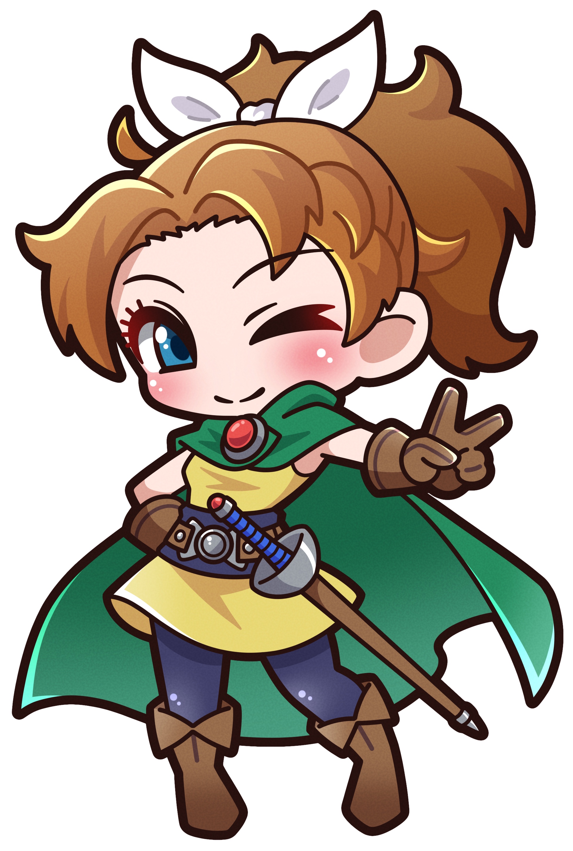 saishosaisekojo, princess of samantoria, dragon quest, dragon quest ii, absurdres, commentary request, highres, 1girl, ;), black pantyhose, blue eyes, blush, boots, brown boots, brown hair, chibi, cloak, closed mouth, dress, fold-over boots, full body, green cloak, hair ribbon, looking at viewer, one eye closed, outstretched arm, pantyhose, ponytail, rapier, ribbon, sheath, sheathed, simple background, sleeveless, sleeveless dress, smile, solo, standing, sword, v, weapon, white background, white ribbon, yellow dress