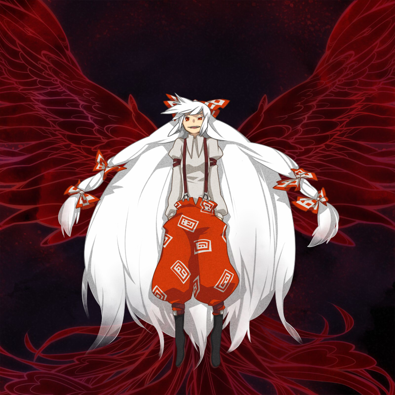 nakatani, fujiwara no mokou, touhou, silver hair, 1girl, female focus, long hair, long sleeves, red eyes, ribbon, solo, very long hair, wings