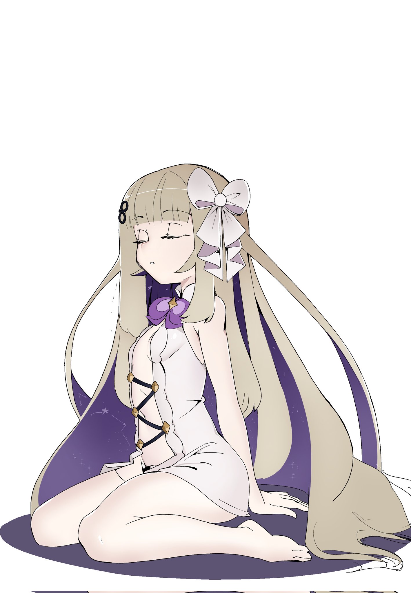 jushikuroni, amanogawa shiina, phase connect, tagme, bare shoulders, blonde hair, breasts, closed eyes, feet, hair ornament, hair ribbon, hairclip, navel, on floor, purple hair, ribbon, sitting, small breasts, stomach, thighs, toes