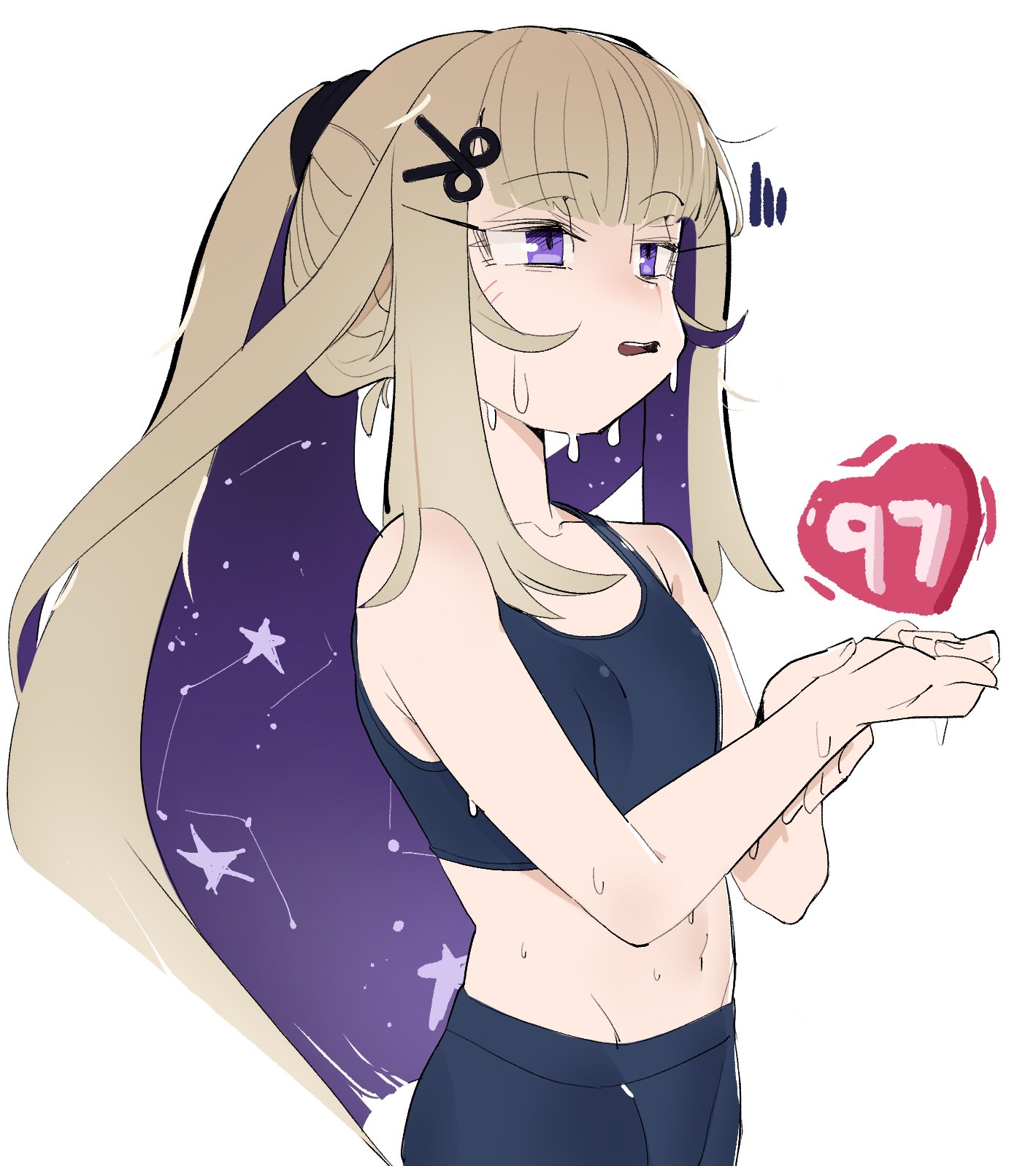 jushikuroni, amanogawa shiina, phase connect, tagme, 1girl, bare shoulders, blonde hair, collarbone, midriff, navel, pants, ponytail, purple eyes, purple hair, sports bra, sweat, sweatdrop, virtual youtuber, yoga pants