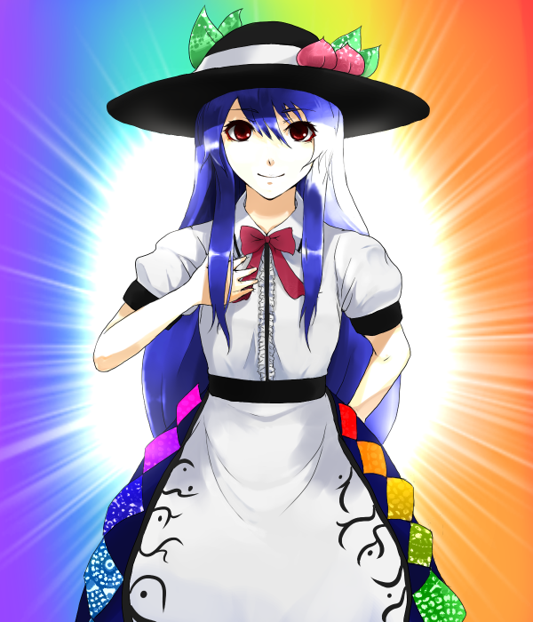 akishuon, inugami akito, hinanawi tenshi, touhou, 1girl, blue hair, female focus, hat, solo