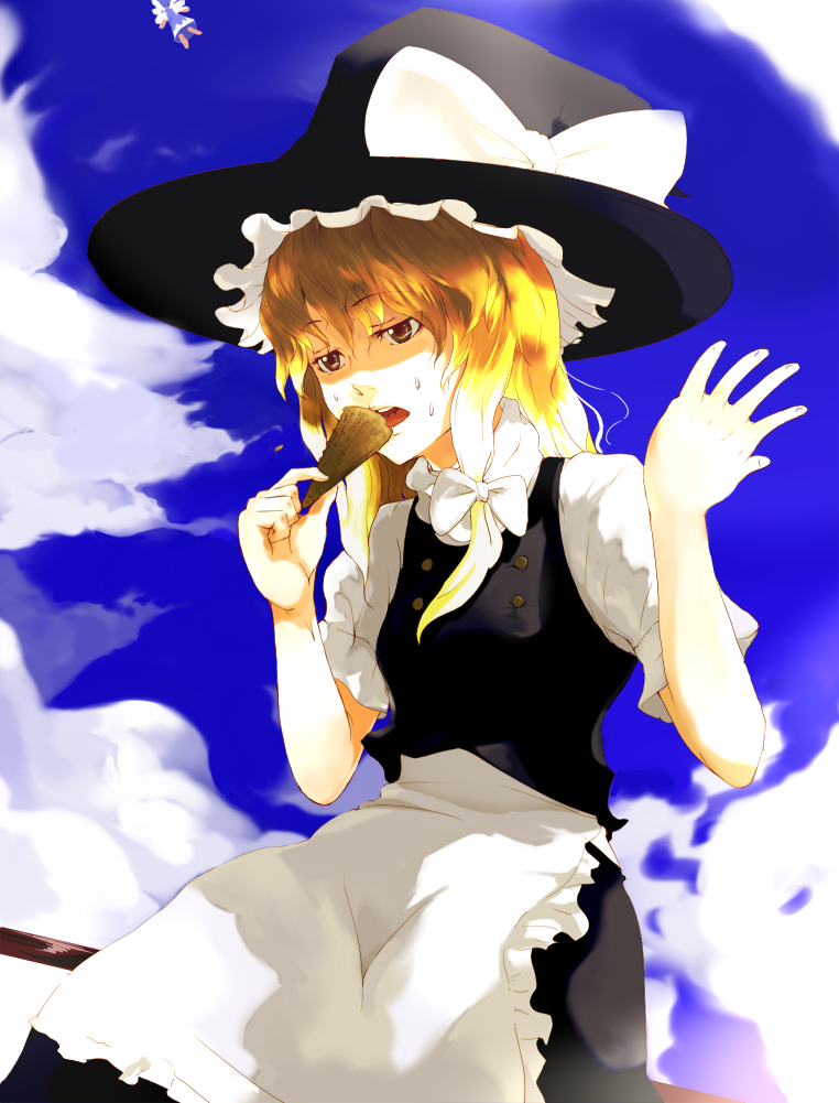 akishuon, inugami akito, cirno, kirisame marisa, touhou, 2girls, blonde hair, cloud, day, eating, food, hat, ice cream cone, multiple girls, ribbon, sky