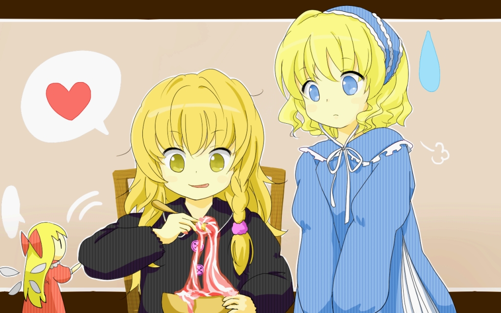 tona, tona (nekotte), alice margatroid, hourai doll, kirisame marisa, shanghai doll, touhou, bad id, bad pixiv id, 2girls, aged down, alternate costume, blonde hair, blue eyes, bonnet, bow, braid, female focus, hair bow, hair ribbon, hairband, heart, multiple girls, ribbon, spoken heart, sweatdrop, wings, yellow eyes