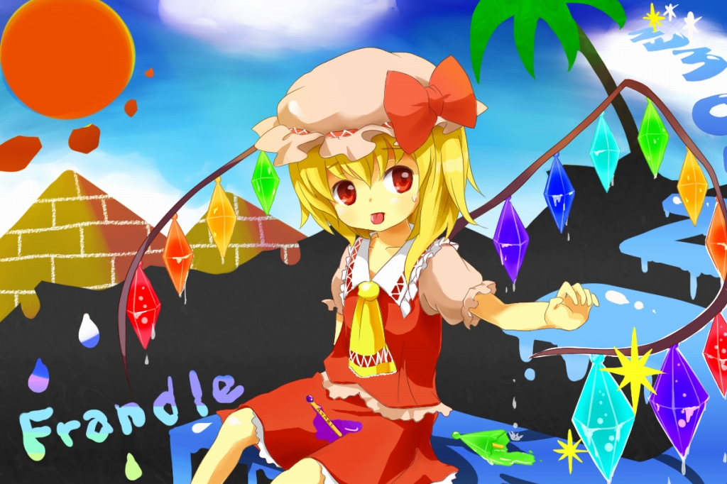 tona, tona (nekotte), flandre scarlet, touhou, 1girl, blonde hair, bow, cloud, female focus, hair bow, hat, hot, melting, outdoors, plant, pyramid (structure), red eyes, ribbon, sitting, sky, solo, tongue, tree, wings