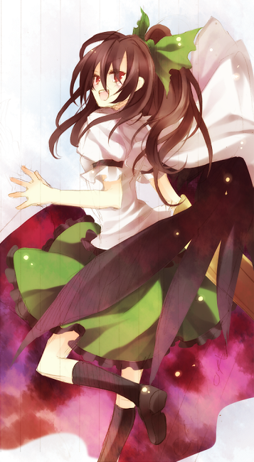 ibara riato, reiuji utsuho, touhou, 1girl, black pantyhose, brown hair, female focus, looking afar, looking to the side, pantyhose, ponytail, puffy short sleeves, puffy sleeves, red eyes, short sleeves, simple background, solo, white background