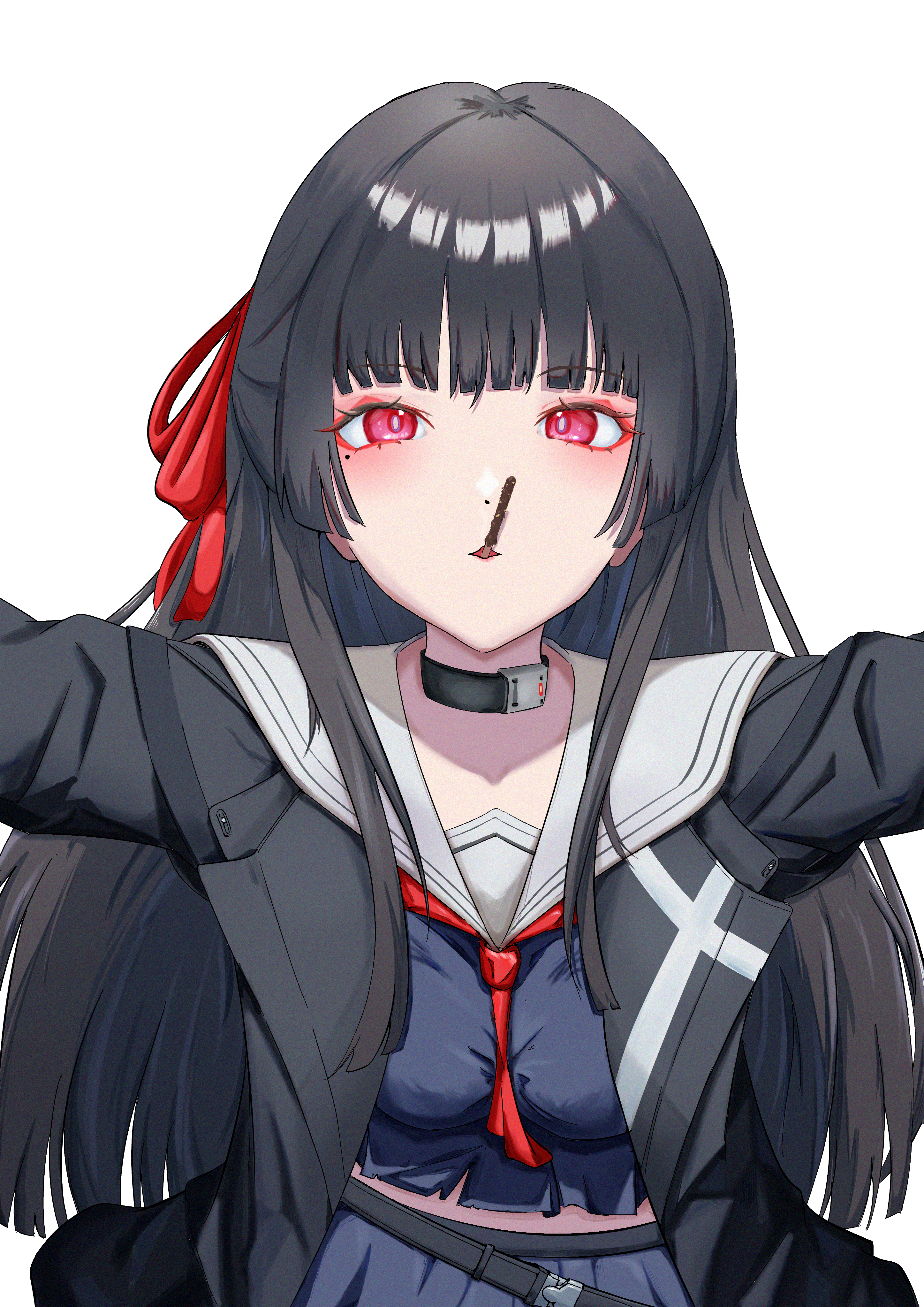 okazuix, chisa (wuthering waves), wuthering waves, absurdres, commentary, english commentary, highres, 1girl, black choker, black hair, black jacket, black shirt, breasts, choker, collarbone, food, food in mouth, hair ribbon, jacket, long hair, looking at viewer, medium breasts, mole, mole under eye, pocky, pocky in mouth, red eyes, red ribbon, ribbon, sailor collar, shirt, simple background, solo, white background, white sailor collar