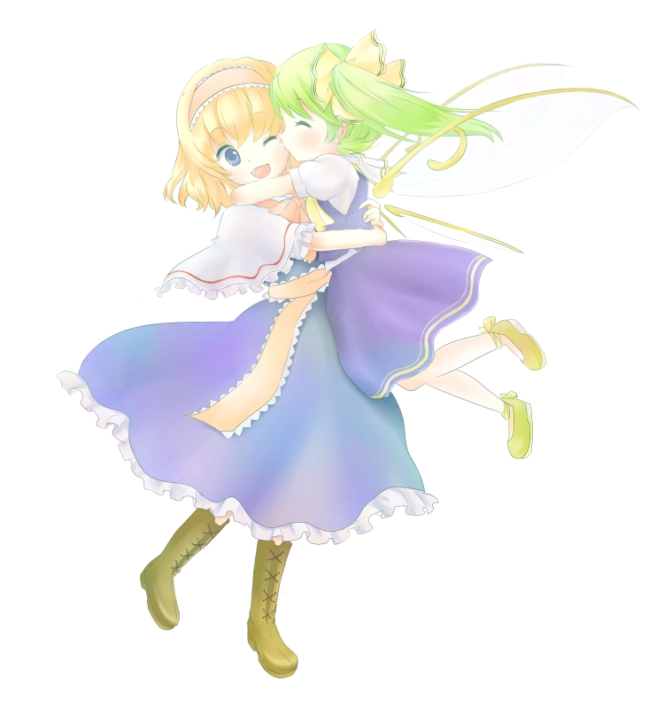 tona, tona (nekotte), alice margatroid, daiyousei, touhou, 2girls, blonde hair, blue eyes, boots, capelet, carrying, child, closed eyes, dress, female focus, green hair, hairband, height difference, hug, kiss, kodomo doushi, lace-up boots, long hair, medium hair, multiple girls, one eye closed, short hair, side ponytail, wings, wink, yuri