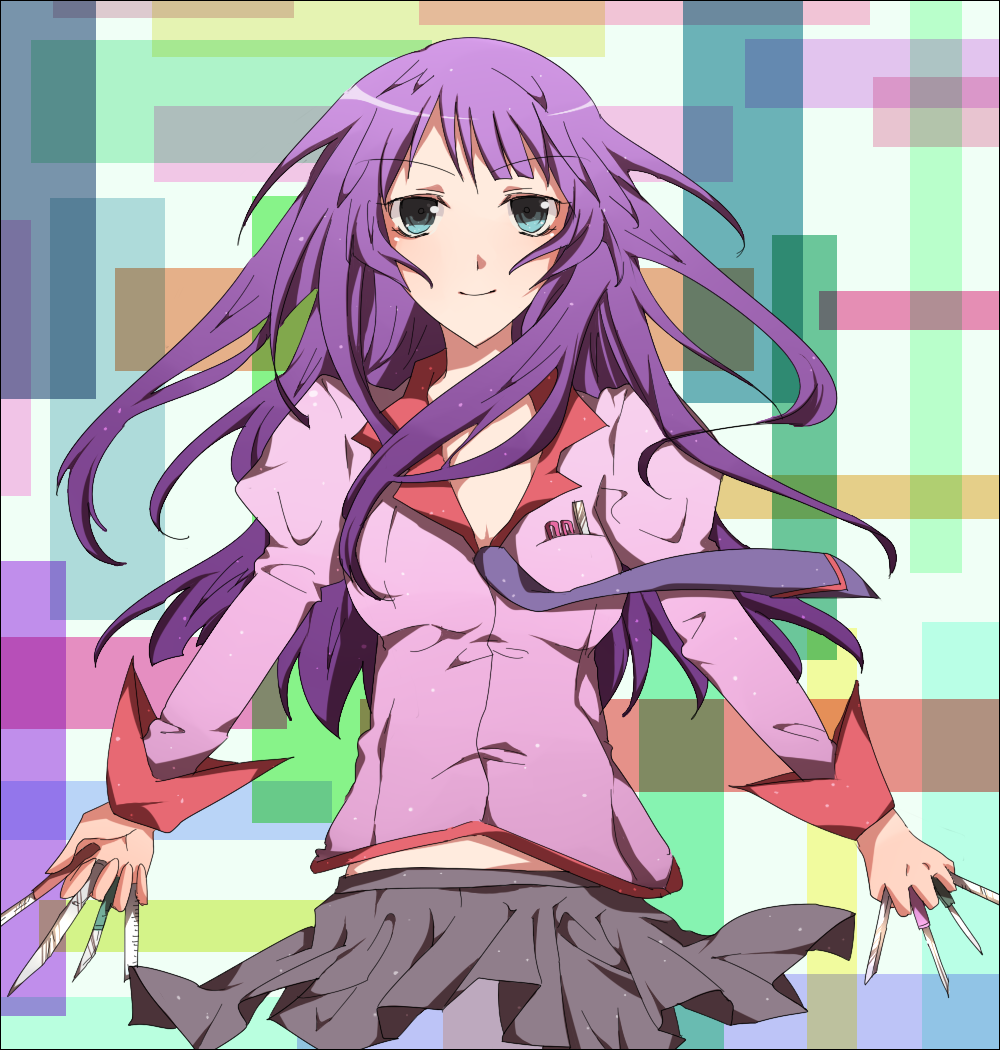 koko (artist), koko (kotobutyann), senjougahara hitagi, bakemonogatari, monogatari (series), bad id, bad pixiv id, 00s, 1girl, blue eyes, female focus, long hair, purple hair, school uniform, skirt, smile, solo, weapon