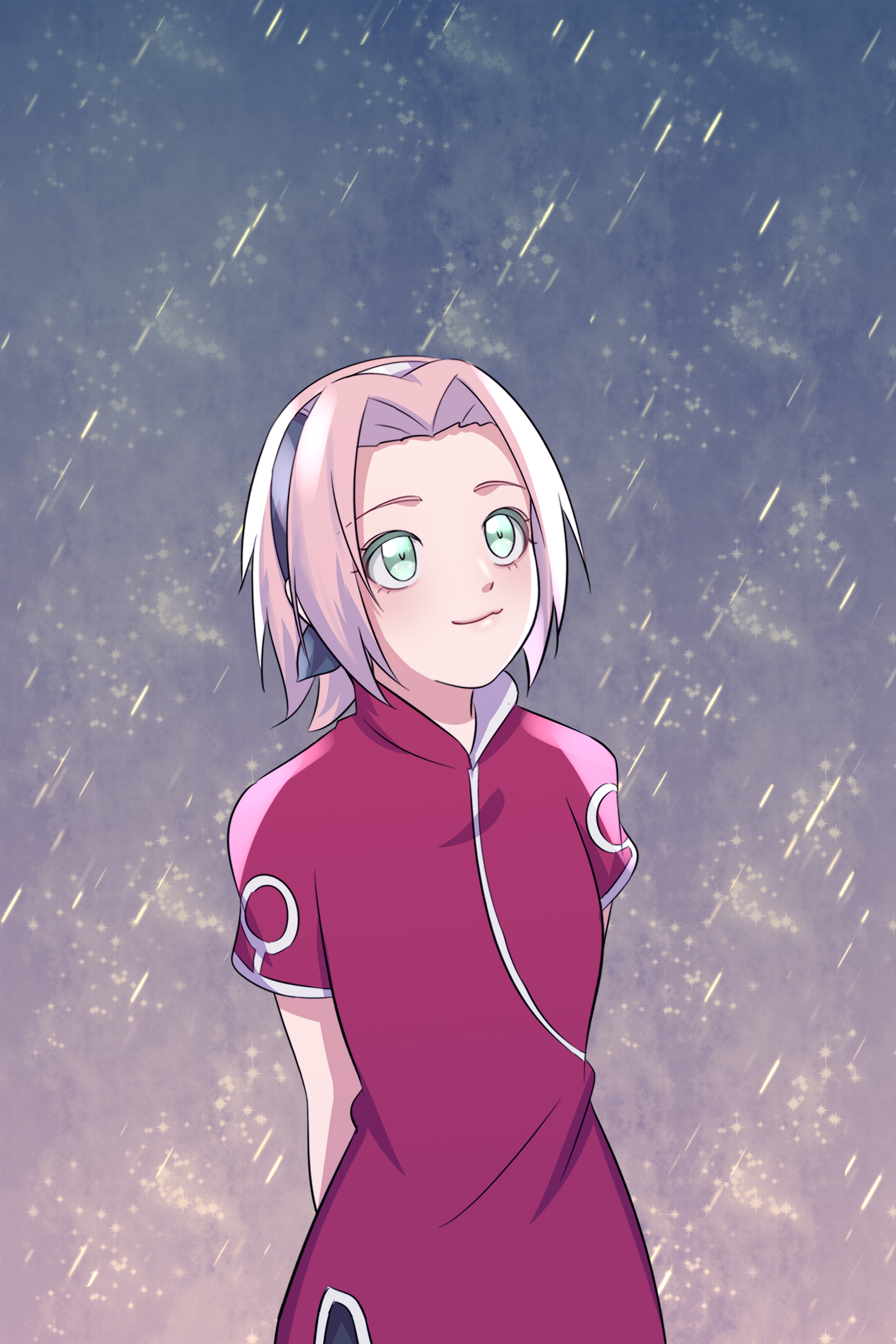 gangbi2, haruno sakura, naruto (classic), naruto (series), absurdres, commentary, highres, 1girl, arms behind back, black hairband, dress, forehead protector, green eyes, hairband, pink hair, red dress, short hair, solo, upper body