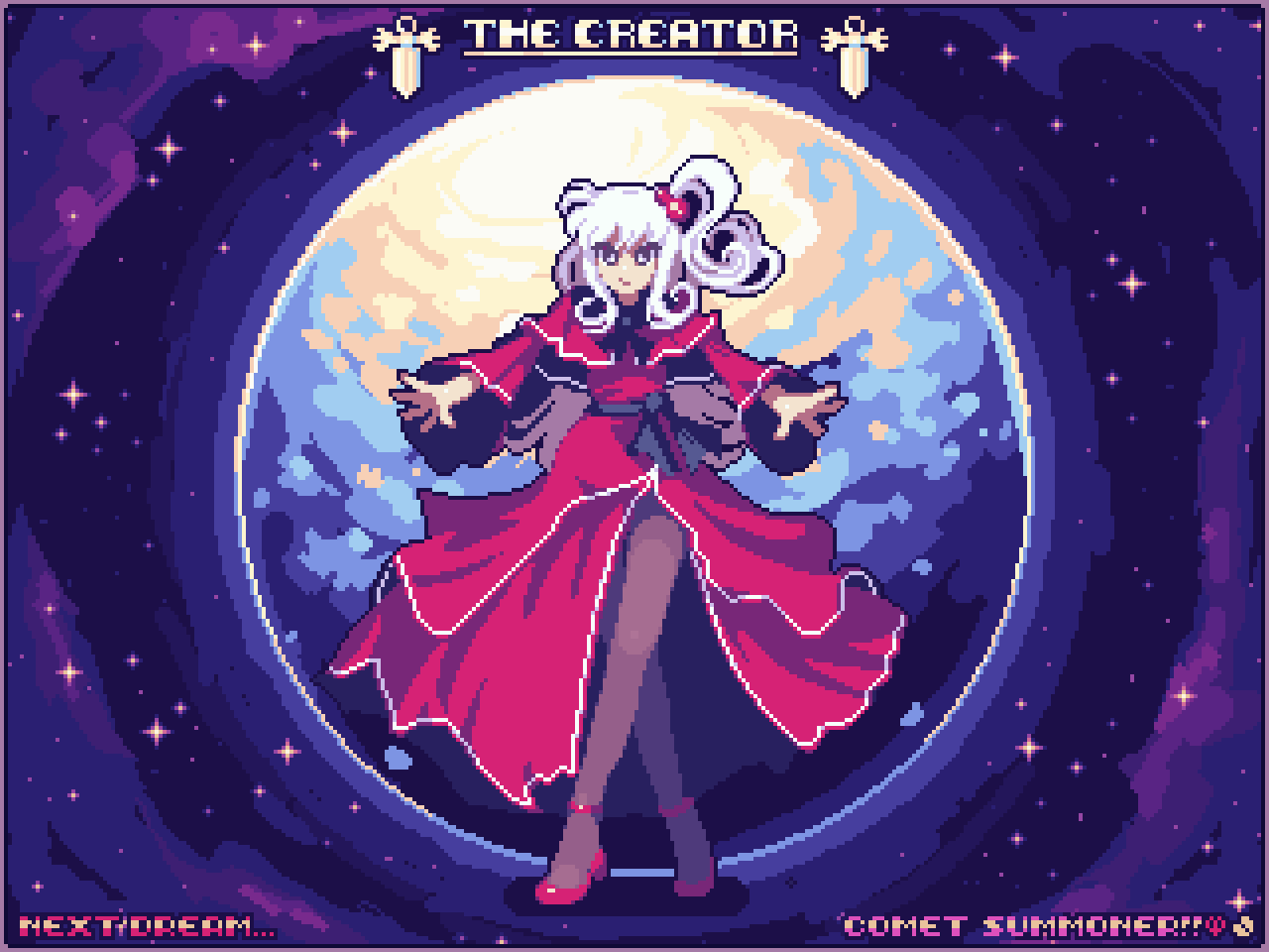 comet summoner98, shinki (touhou), touhou, touhou (pc-98), commentary, english commentary, 1girl, artist name, black pantyhose, bow, breasts, capelet, dress, english text, grey eyes, hair bobbles, hair ornament, long hair, one side up, pantyhose, pixel art, planet, red dress, ribbon, smile, solo, space, white hair