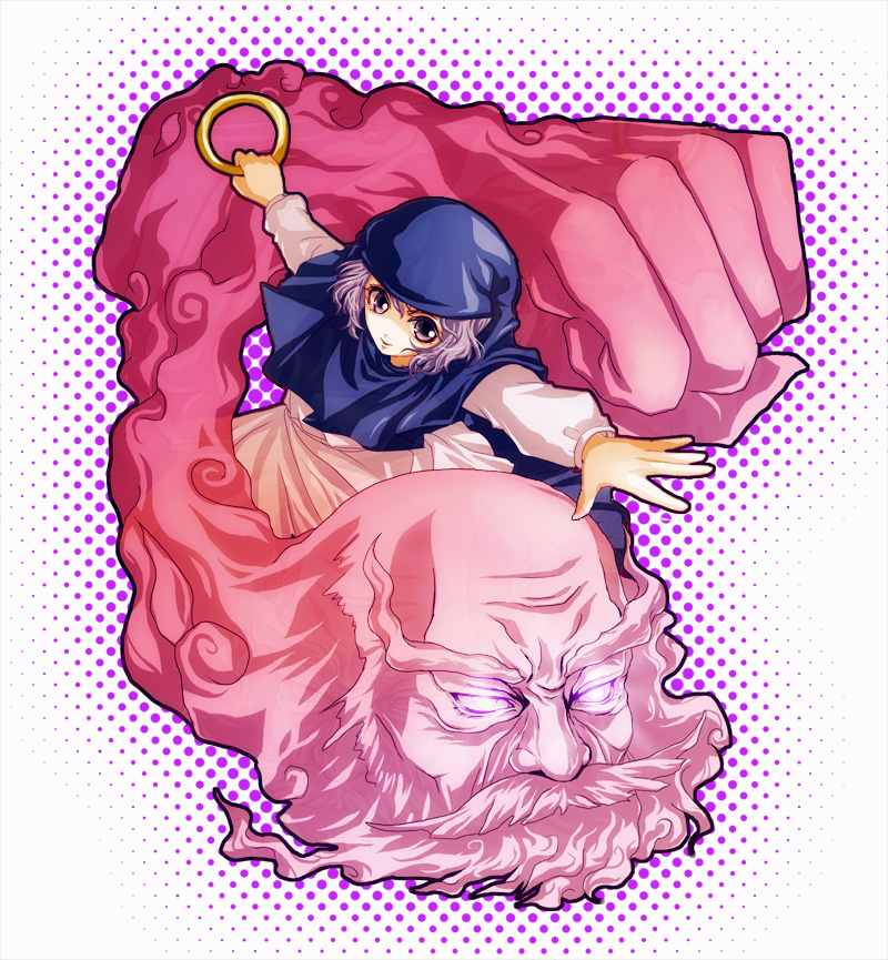 awa toka, kumoi ichirin, unzan, touhou, bad id, bad pixiv id, 1boy, 1girl, bald, beard, cloak, facial hair, from above, hood, hooded cloak, jewelry, long sleeves, looking at viewer, outstretched arms, ring