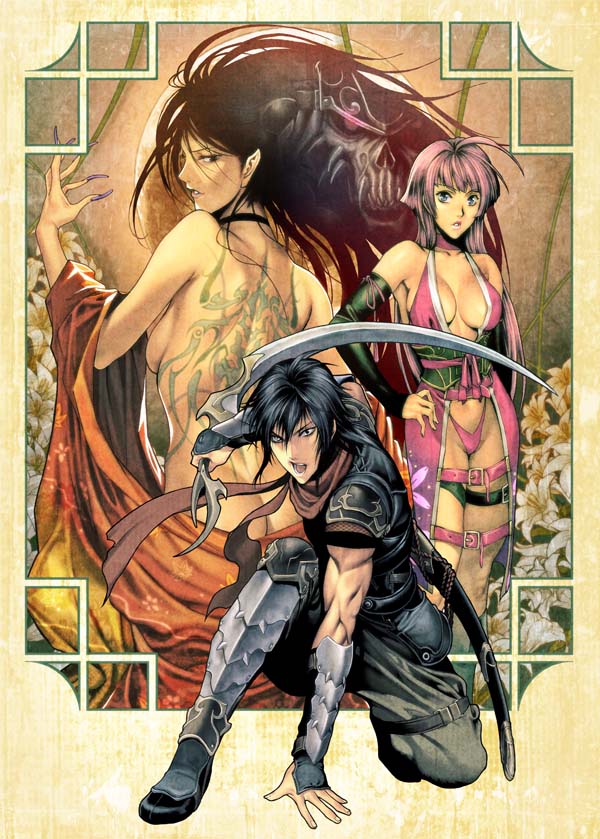 homare (fool's art), original, blade, bad id, bad pixiv id, 1boy, 2girls, armor, ass, black eyes, black hair, breasts, butt crack, choker, cleavage, detached sleeves, fingernails, from behind, hand on own hip, hip focus, large breasts, long fingernails, looking back, medium breasts, multiple girls, nail (hardware), nail polish, purple hair, purple nails, robe, sideboob, skull, tattoo, thigh strap, undressing, weapon