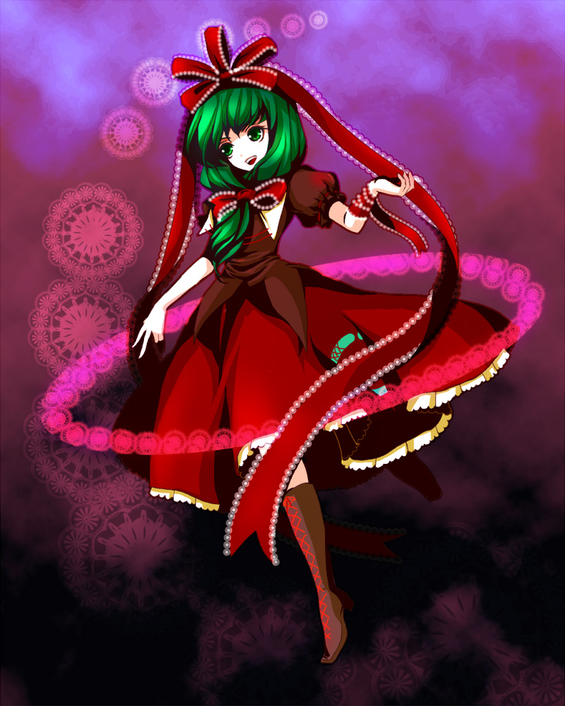 awa toka, kagiyama hina, touhou, bad id, bad pixiv id, 1girl, boots, bow, dress, female focus, full body, green eyes, green hair, happy, long hair, matching hair/eyes, ribbon, solo
