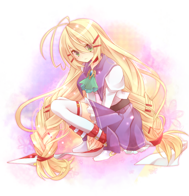 ibara riato, priecia, prism ark, bad id, bad pixiv id, 00s, 1girl, blonde hair, female focus, gradient background, green eyes, hair ornament, hairpin, long hair, solo, thighhighs