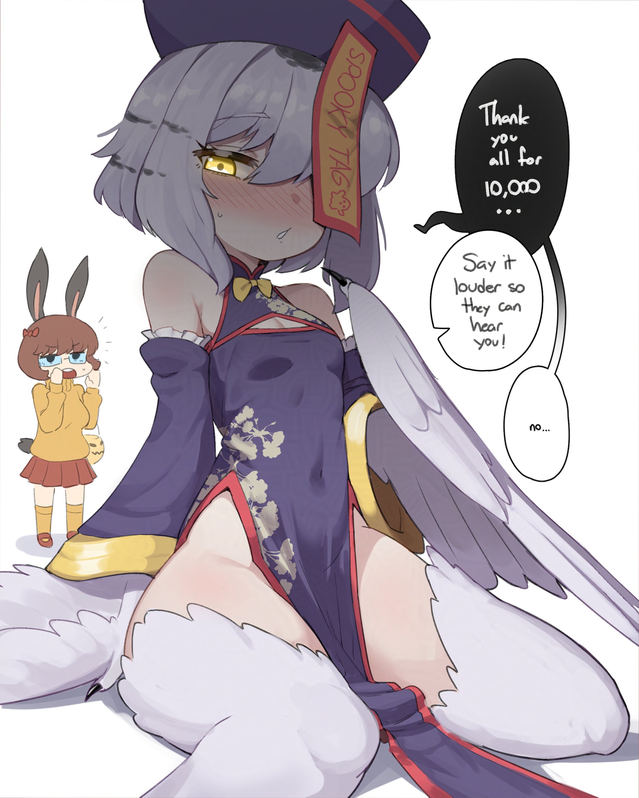 sifserf, mono (sifserf), velma dinkley, original, absurdres, commentary, english commentary, highres, 2girls, animal ears, bare shoulders, bird legs, blush, breasts, china dress, chinese clothes, claws, colored speech bubble, cosplay, covered navel, dress, english text, feathered wings, grey feathers, grey hair, grey wings, hair over one eye, halloween costume, harpy, jiangshi costume, lilunn (sifserf), looking at viewer, medium hair, monster girl, multiple girls, open mouth, owl girl, purple dress, rabbit ears, rabbit girl, rabbit tail, simple background, small breasts, speech bubble, tail, velma dinkley (cosplay), white background, winged arms, wings, yellow eyes