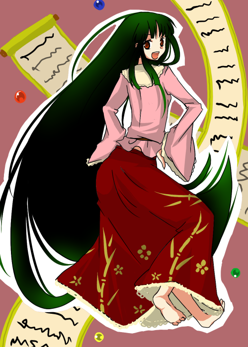 kuzumiya yuyu, houraisan kaguya, touhou, 1girl, barefoot, black hair, female focus, full body, long hair, solo