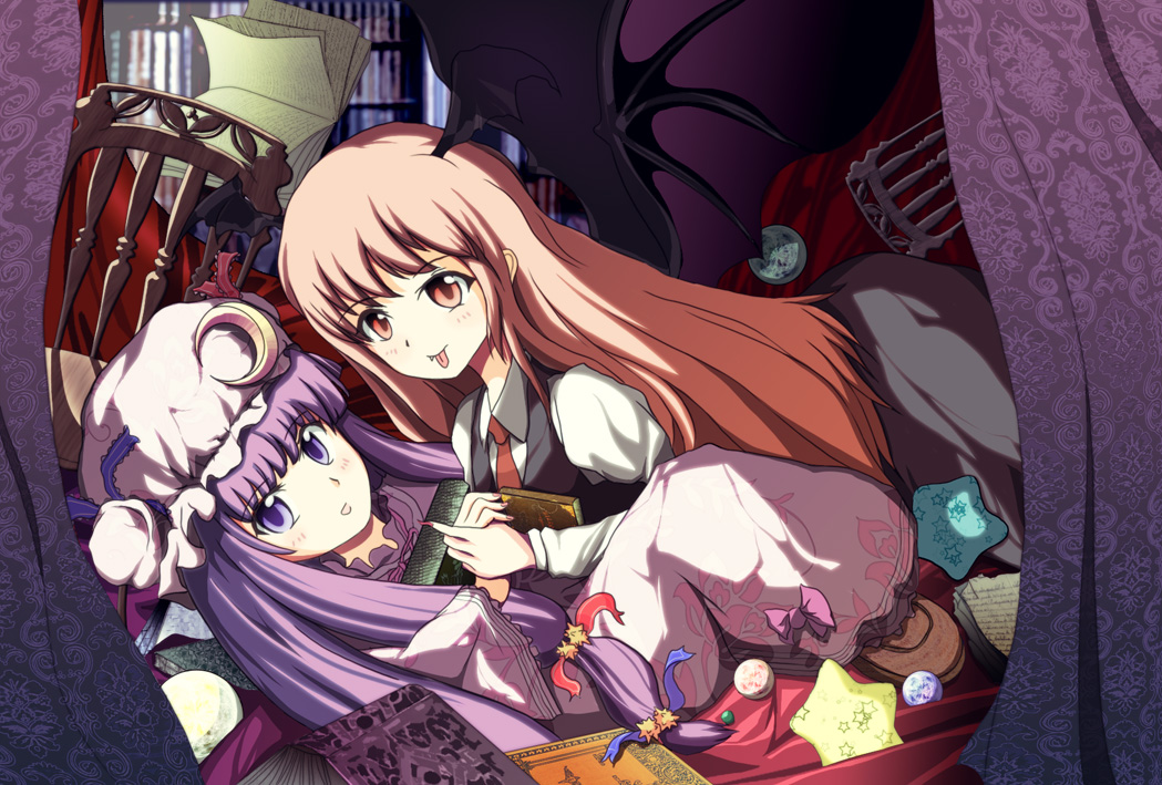 knj, koakuma, patchouli knowledge, embodiment of scarlet devil, touhou, 2girls, :p, bat wings, blush, book, dutch angle, fang, female focus, fingernails, hat, head wings, holding hands, long fingernails, long hair, multiple girls, necktie, pink eyes, pink hair, purple eyes, purple hair, sitting, tongue, tongue out, wings