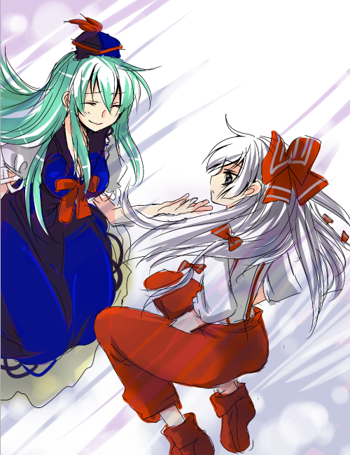 kuzumiya yuyu, fujiwara no mokou, kamishirasawa keine, touhou, 2girls, bow, bowtie, female focus, green hair, hat, long hair, long sleeves, multiple girls, pants, red bow, red bowtie, ribbon, shirt, simple background, suspenders, tate eboshi, very long hair, white background, white hair, white shirt