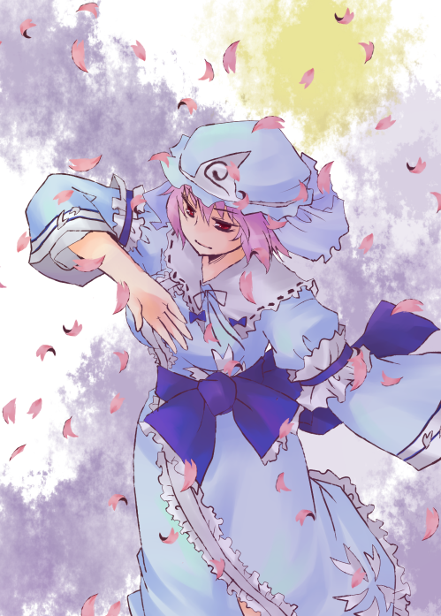 kuzumiya yuyu, saigyouji yuyuko, touhou, 1girl, dress, female focus, hat, japanese clothes, kimono, pink hair, solo