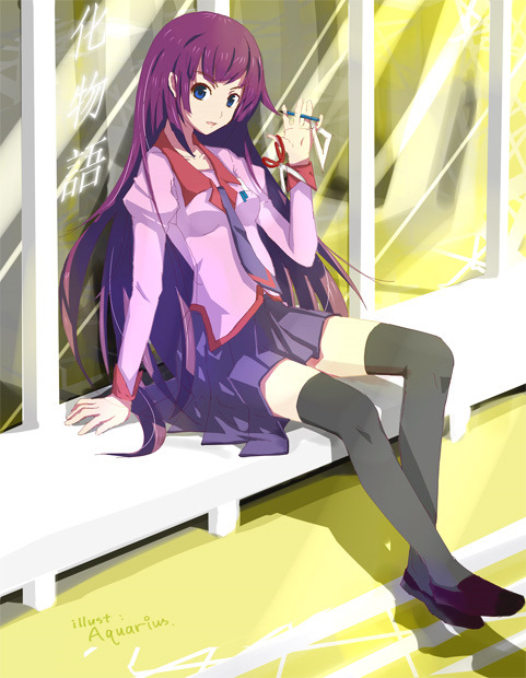 aquarius (pixiv), aquarius (sworddavid), senjougahara hitagi, bakemonogatari, monogatari (series), 00s, black thighhighs, blue eyes, long hair, necktie, purple hair, school uniform, shoes, sitting, skirt, solo, thighhighs, zettai ryouiki