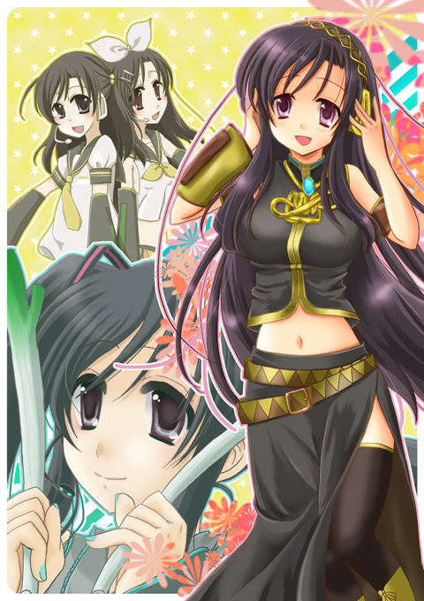 azumi ame, hatsune miku, kagamine len, kagamine rin, katsura kokoro, katsura kotonoha, megurine luka, school days, vocaloid, bad id, bad pixiv id, 2girls, aqua nails, back-to-back, belt, black hair, black thighhighs, cosplay, detached sleeves, hair bobbles, hair ornament, hairclip, hatsune miku (cosplay), headset, kagamine len (cosplay), kagamine rin (cosplay), long hair, megurine luka (cosplay), midriff, multiple girls, nail polish, navel, purple eyes, smile, thighhighs, twintails