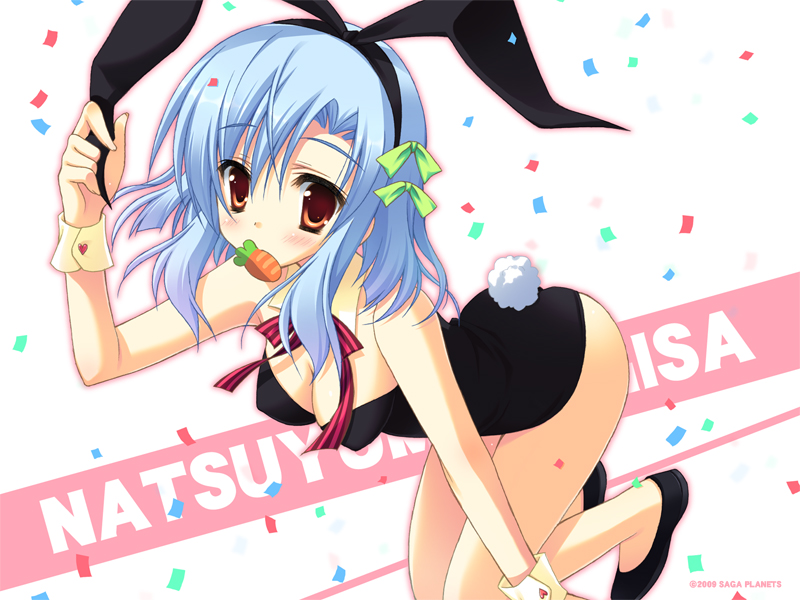 moribe (rabumanyo), ooba nene, natsu yume nagisa, 1girl, animal ears, asymmetrical bangs, blue hair, breasts, carrot, cleavage, copyright name, copyright notice, dated, detached collar, fake animal ears, female focus, playboy bunny, rabbit ears, rabbit tail, solo, tail