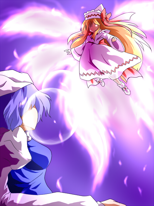 fueiku, letty whiterock, lily white, touhou, bad id, bad pixiv id, 2girls, blonde hair, blue hair, female focus, hat, long hair, multiple girls, oversized wings, short hair, very long hair, wings