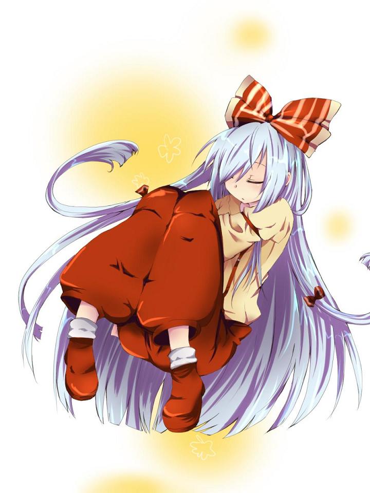 kuzumiya yuyu, fujiwara no mokou, touhou, 1girl, female focus, full body, long hair, ribbon, sleeping, solo, white background