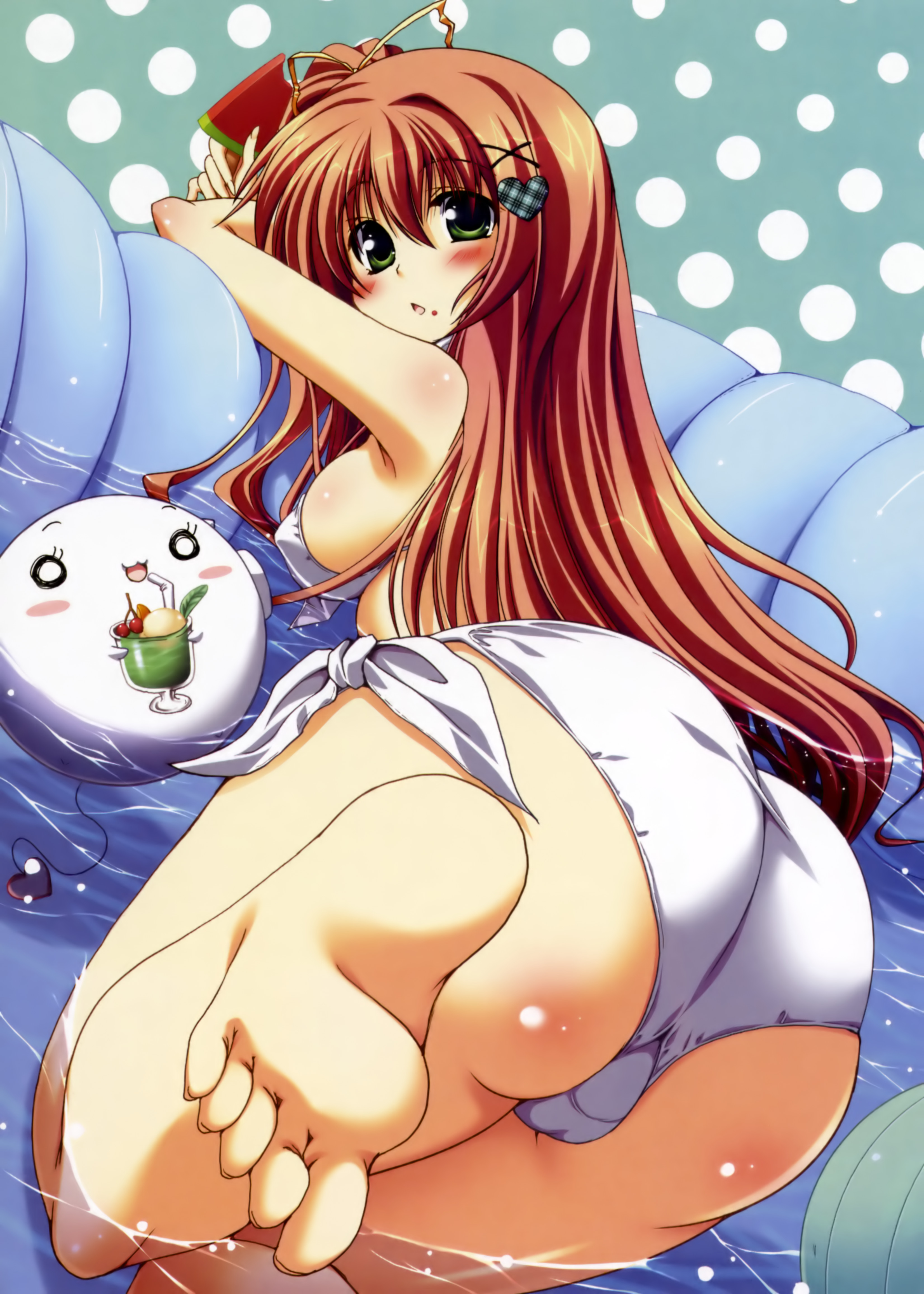 sawano akira, nakatsugawa ui, hoshizora e kakaru hashi, absurdres, highres, 10s, 1girl, ass, barefoot, bent over, bikini, cameltoe, feet, female focus, food, fruit, green eyes, hair ornament, hair ribbon, hairpin, heart, heart hair ornament, long hair, looking at viewer, looking back, popsicle, red hair, ribbon, side-tie bikini bottom, soles, solo, swimsuit, toes, watermelon, watermelon bar, white bikini