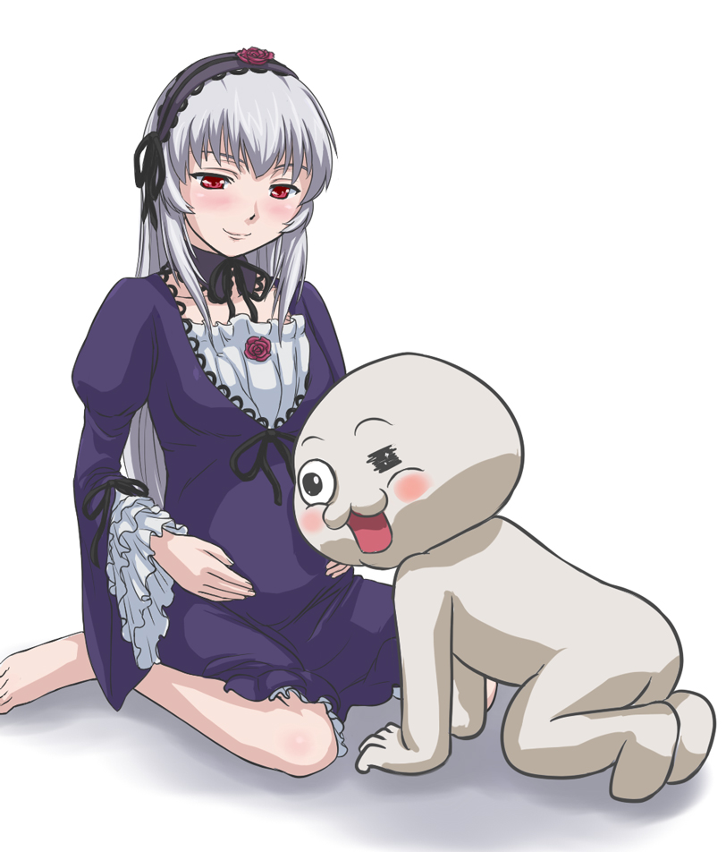 kurai (cry), suigintou, yaruo, 2channel, rozen maiden, 00s, 1boy, 1girl, barefoot, blush, dress, flower, kneeling, pregnant, rose, simple background, sitting, smile, wariza, white background, white hair