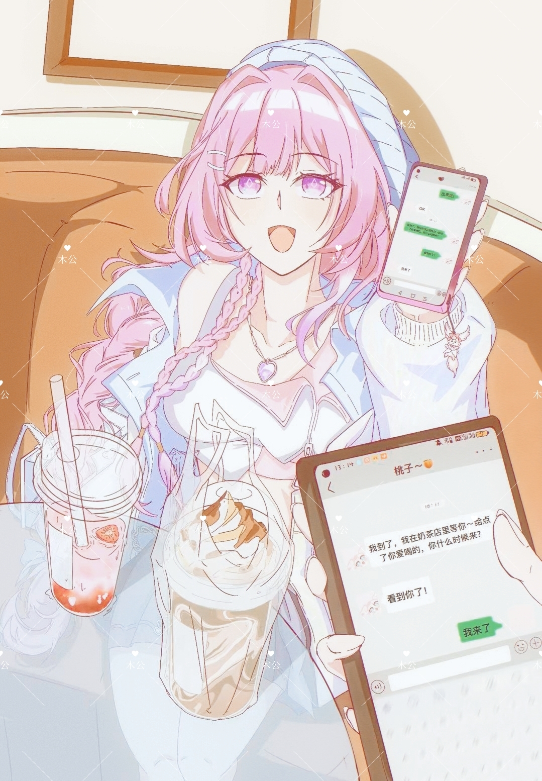 cyrene (honkai: star rail), cyrene (ripples of past reverie) (honkai: star rail), honkai: star rail, honkai (series), chinese commentary, commentary request, highres, translation request, 1girl, 1other, blue hat, blue jacket, breasts, crop top, cup, cyrene (nylon japan) (honkai: star rail), diamond-shaped pupils, diamond (shape), disposable cup, food, hat, heart, heart necklace, holding, holding phone, ice cream, indoors, jacket, jewelry, large breasts, long hair, necklace, official alternate costume, open mouth, phone, pink hair, purple eyes, sitting, smile, sundae, symbol-shaped pupils, table, very long hair, yuesegu161