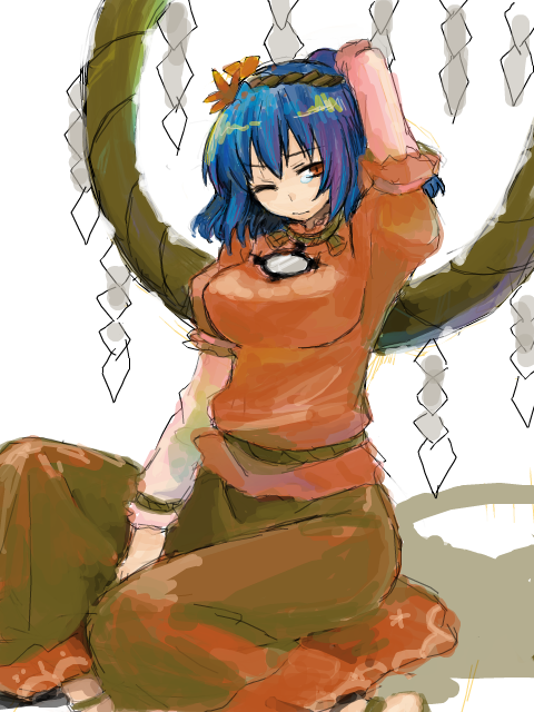 kuzumiya yuyu, yasaka kanako, touhou, 1girl, female focus, hair ornament, leaf hair ornament, one eye closed, short hair, solo, wink