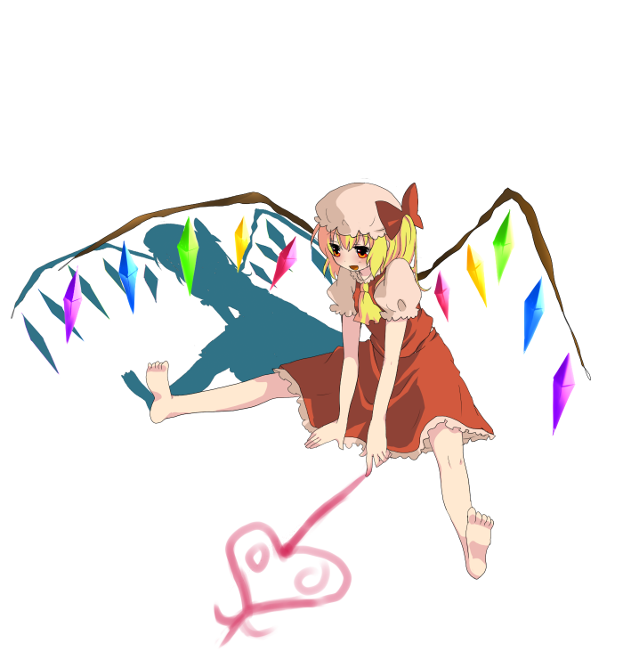 kuzumiya yuyu, flandre scarlet, touhou, 1girl, barefoot, blouse, feet, female focus, full body, hat, mob cap, ribbon, shirt, simple background, sitting, solo, white background, white hat, white shirt, wings