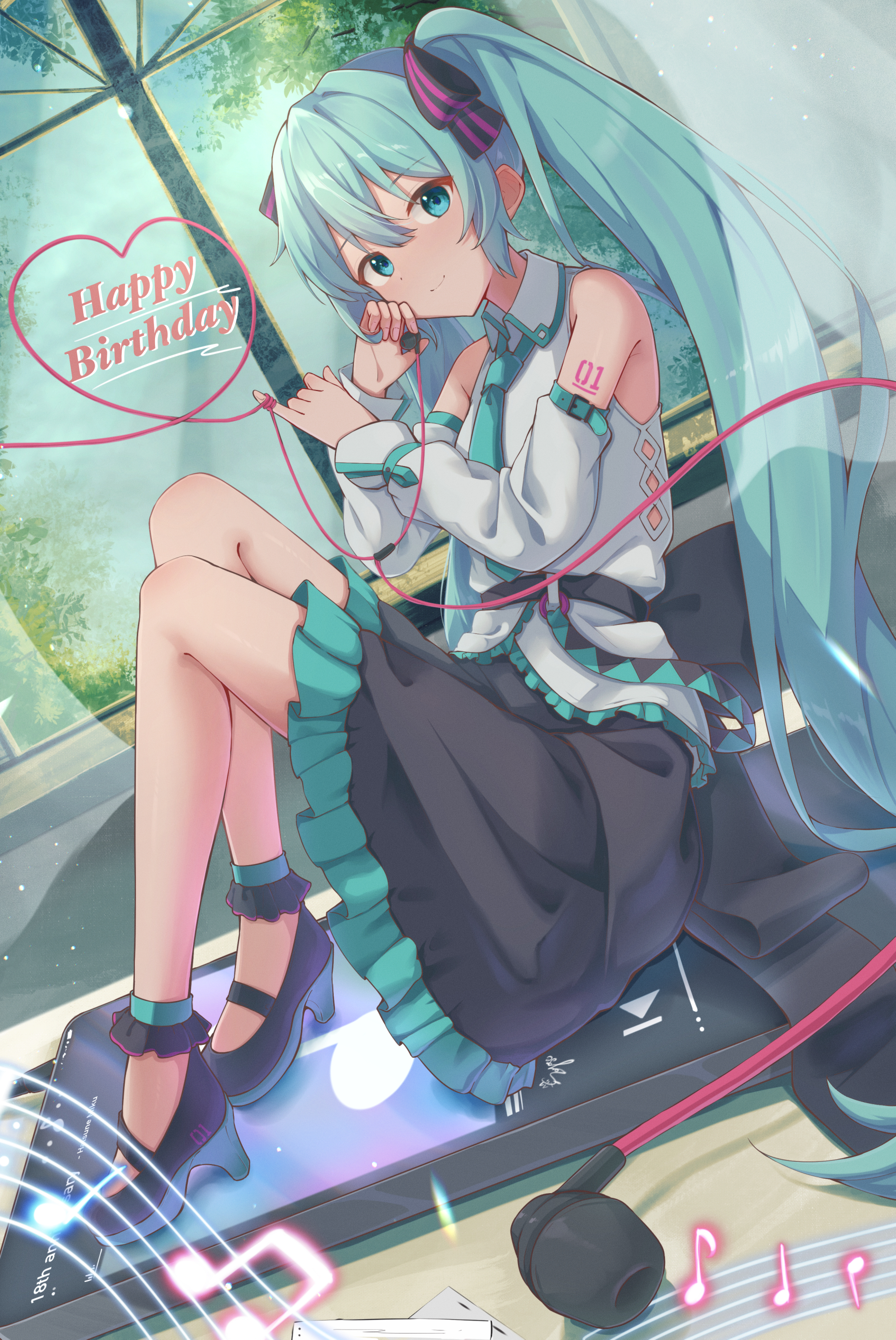 soyose, hatsune miku, vocaloid, absurdres, highres, 1girl, black skirt, blue eyes, blue hair, collared shirt, detached sleeves, digital media player, earphones, hair ribbon, ipod, light smile, long hair, necktie, number tattoo, ribbon, shirt, skirt, tattoo, twintails, very long hair, white shirt, white sleeves