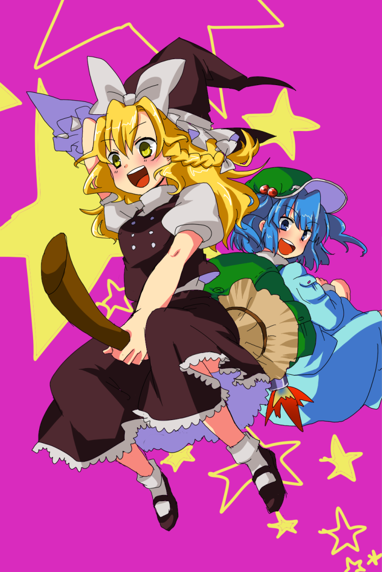 kuzumiya yuyu, kawashiro nitori, kirisame marisa, touhou, 2girls, backpack, bag, blonde hair, blush, broom, female focus, flying, hat, jetpack, multiple girls, randoseru, ribbon, two side up