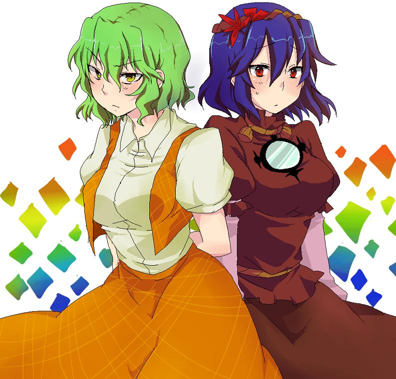 kuzumiya yuyu, kazami yuuka, yasaka kanako, touhou, 2girls, arm behind back, blush, breasts, female focus, frown, green hair, hair ornament, leaf, leaf hair ornament, medium breasts, multiple girls, plaid clothes, plaid skirt, plaid vest, purple hair, red eyes, short hair, skirt, skirt set, vest, yellow eyes
