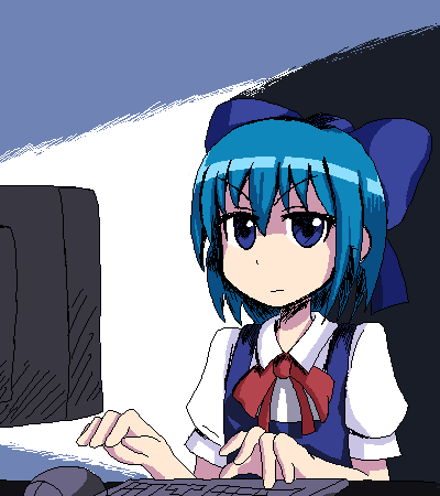 bankoru, sai (artist), sai (bankoru), cirno, touhou, lowres, 1girl, blue eyes, blue hair, collared shirt, computer, computer keyboard, female focus, hair ribbon, matching hair/eyes, oekaki, ribbon, shirt, solo