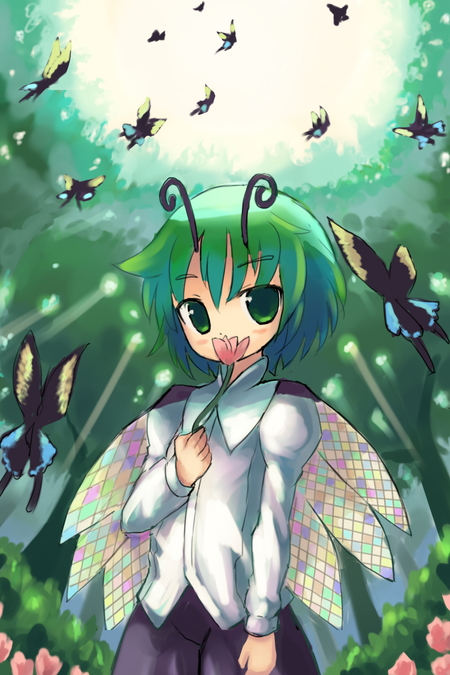 hakkotsu shitai, wriggle nightbug, touhou, 1girl, antennae, bug, butterfly, cape, female focus, flower, forest, green eyes, green hair, matching hair/eyes, nature, outdoors, short hair, solo