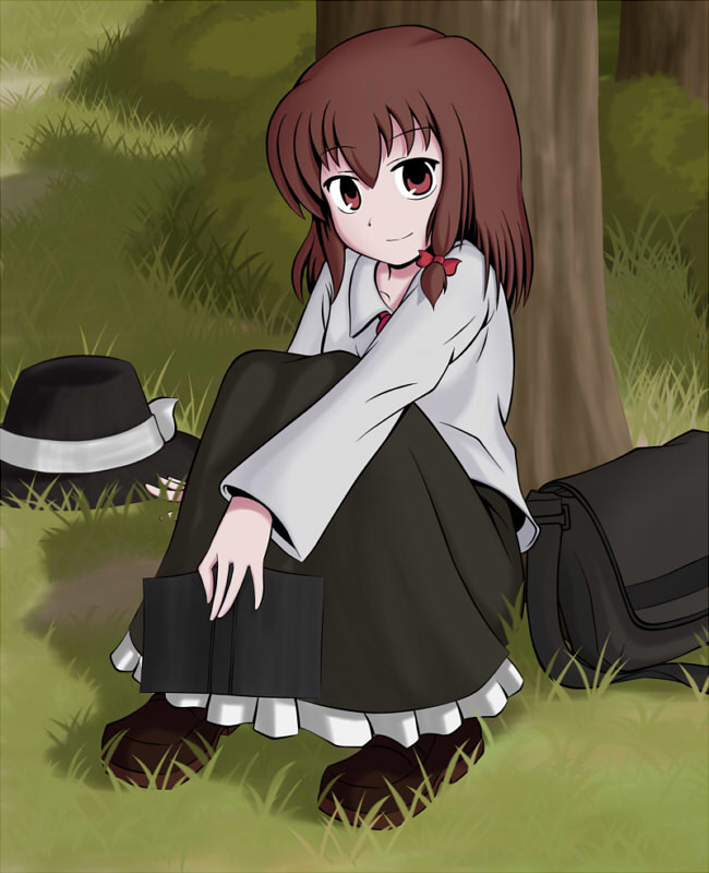 bankoru, sai (artist), sai (bankoru), usami renko, ghostly field club, touhou, 1girl, bag, book, braid, brown hair, female focus, hat, satchel, sitting, solo, tree