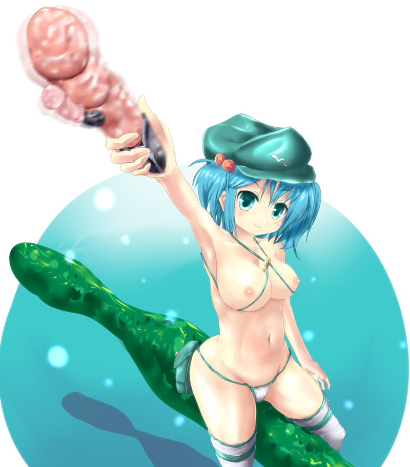 ewokakukotosuki, turutu, kawashiro nitori, touhou, bad id, bad pixiv id, 1girl, armpits, between breasts, blue eyes, blue hair, breasts, female focus, hair bobbles, hair ornament, hat, large breasts, matching hair/eyes, navel, nipples, panties, sex toy, solo, thighhighs, thong, topless female, two side up, underwear, underwear only, vibrator, white thighhighs