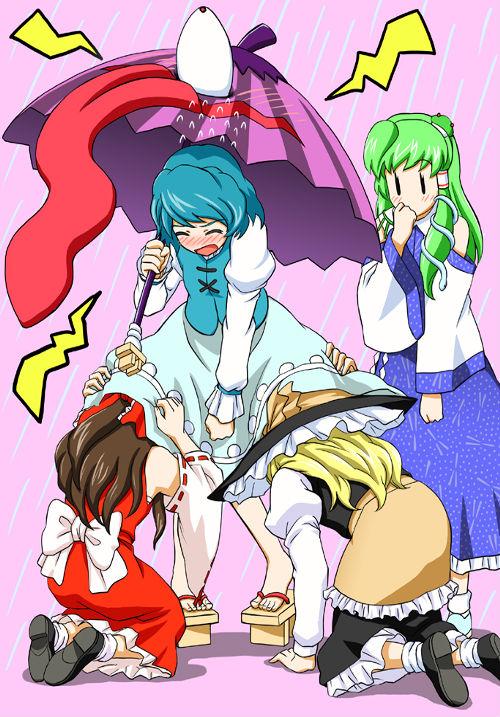 hakurei reimu, kirisame marisa, kochiya sanae, tatara kogasa, touhou, 4girls, blush, female focus, hat, karakasa obake, multiple girls, rain, skirt, umbrella