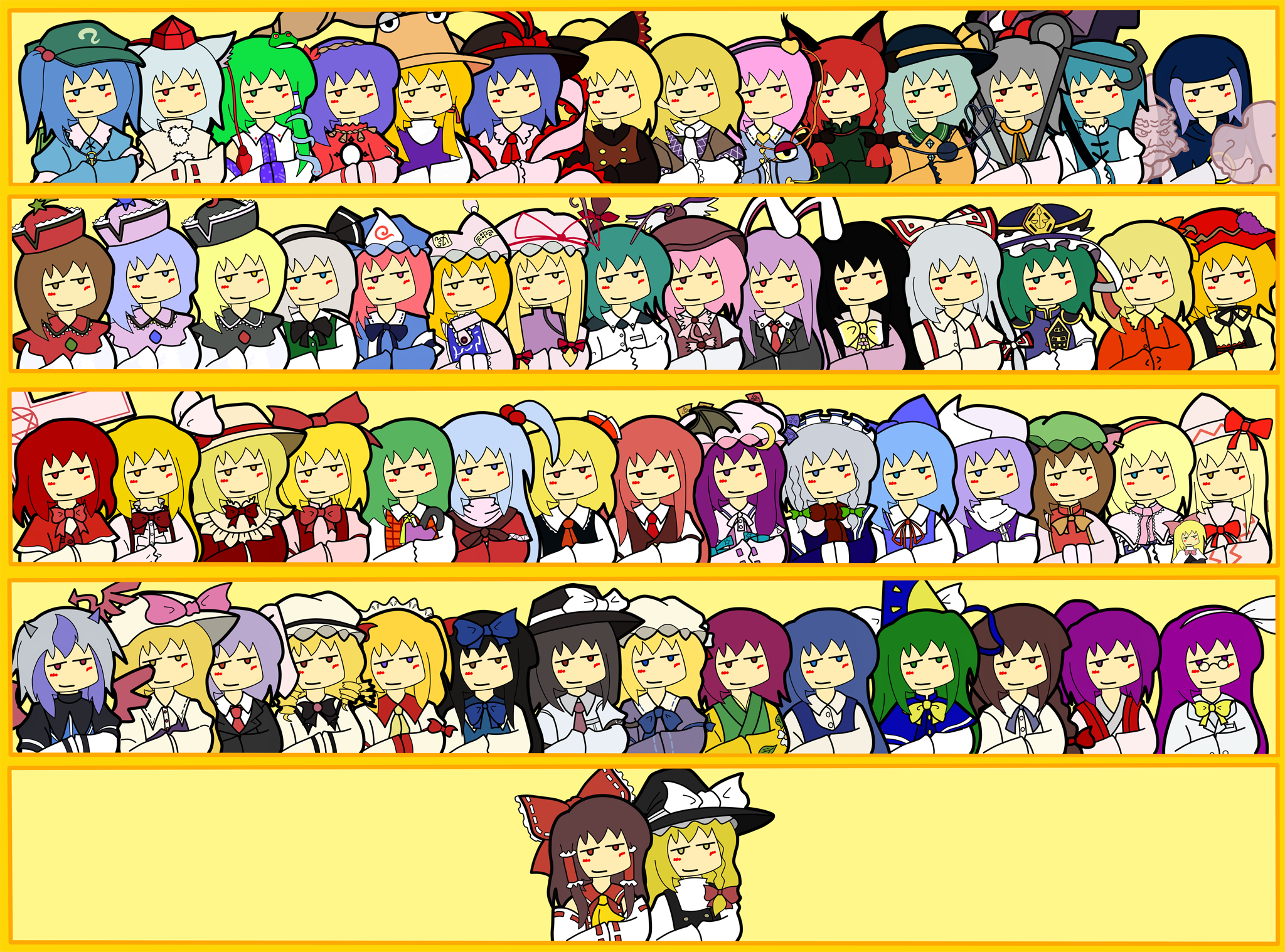 sai (bankoru), aki minoriko, aki shizuha, alice margatroid, asakura rikako, chen, cirno, elly (touhou), fujiwara no mokou, gengetsu (touhou), hakurei reimu, hieda no akyuu, houraisan kaguya, inubashiri momiji, izayoi sakuya, kaenbyou rin, kawashiro nitori, kazami yuuka, kirisame marisa, koakuma, kochiya sanae, komeiji koishi, komeiji satori, konpaku youmu, kumoi ichirin, kurodani yamame, kurumi (touhou), letty whiterock, lily white, luna child, lunasa prismriver, lyrica prismriver, maribel hearn, meira (touhou), merlin prismriver, mima (touhou), mizuhashi parsee, moriya suwako, mystia lorelei, nagae iku, nazrin, okazaki yumemi, patchouli knowledge, reisen, reisen udongein inaba, rika (touhou), rumia, saigyouji yuyuko, sariel (touhou), shanghai doll, shiki eiki, shinki (touhou), star sapphire, sunny milk, tatara kogasa, tokiko (touhou), unzan, usami renko, watatsuki no toyohime, wriggle nightbug, yakumo ran, yakumo yukari, yasaka kanako, embodiment of scarlet devil, imperishable night, lotus land story, mountain of faith, mystic square, perfect cherry blossom, phantasmagoria of dim.dream, scarlet weather rhapsody, the story of eastern wonderland, touhou, touhou (pc-98), silver hair, highres, 6+girls, angel, animal ears, antennae, bat wings, black hair, blonde hair, blue eyes, blue hair, blush, blush stickers, brown eyes, brown hair, cat ears, crescent, demon, detached sleeves, dowsing rod, earrings, everyone, frills, gradient hair, green eyes, green hair, hair bobbles, hair ornament, hair ribbon, hair tubes, hands in opposite sleeves, hat, hat ribbon, head wings, hood, japanese clothes, jewelry, kimono, long hair, maid headdress, miko, mouse ears, multicolored hair, multiple girls, pink eyes, pink hair, plaid clothes, plaid vest, purple eyes, purple hair, rabbit ears, red eyes, red hair, ribbon, rod of remorse, shawl, short hair, side ponytail, smirk, tokin hat, umbrella, vest, wings, witch, witch hat, wolf ears