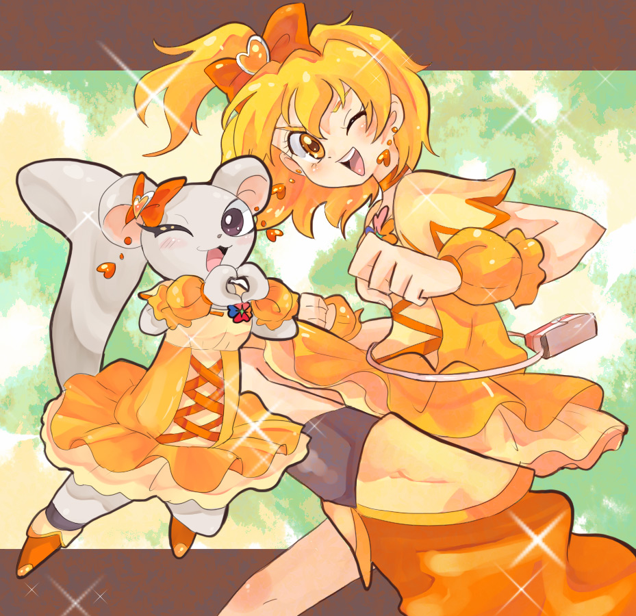 cure pine, tart (fresh precure!), yamabuki inori, fresh precure!, precure, 1girl, ;d, blonde hair, body switch, cosplay, cure pine (cosplay), eyelashes, hair ornament, heart, heart hair ornament, magical girl, mascot, one eye closed, open mouth, orange eyes, personality switch, smile, wink