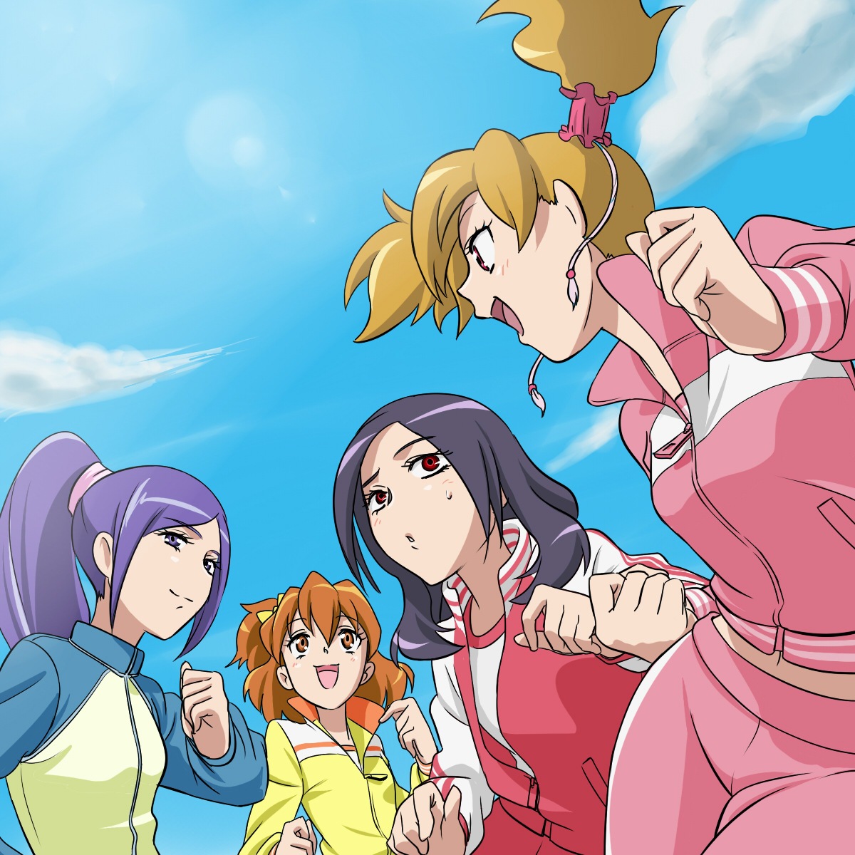 haruyama kazunori, aono miki, higashi setsuna, momozono love, yamabuki inori, fresh precure!, precure, highres, 00s, 4girls, :d, alternate hairstyle, black hair, blue background, brown eyes, brown hair, cloud, day, eyelashes, jacket, long hair, multiple girls, open mouth, ponytail, purple eyes, purple hair, red eyes, short hair, side ponytail, sky, smile, track suit, twintails