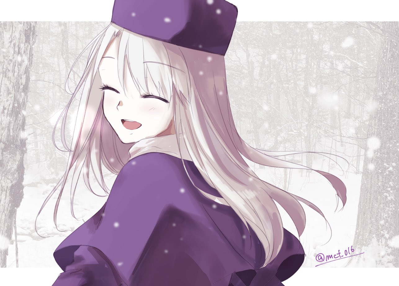 mct, illyasviel von einzbern, fate/stay night, fate (series), commentary request, 1girl, closed eyes, coat, facing viewer, forest, grey hair, hat, long hair, nature, open mouth, outdoors, smile, snow, snowing, solo, winter, winter clothes