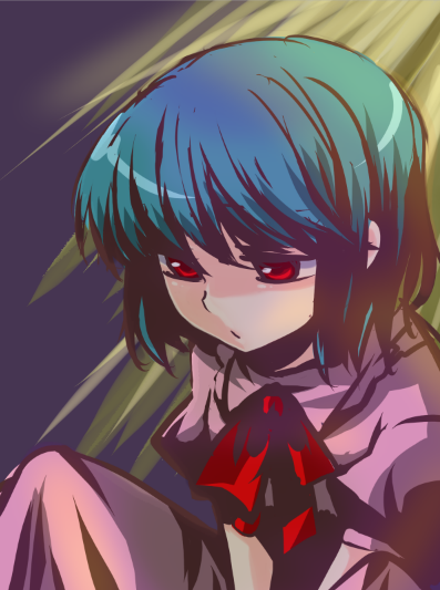 kuzumiya yuyu, remilia scarlet, touhou, 1girl, blue hair, female focus, red eyes, sitting, solo